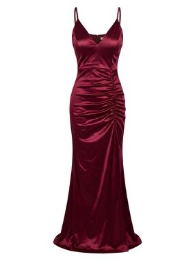 Windsor Wine Satin Ruched Maxi Slip Dress